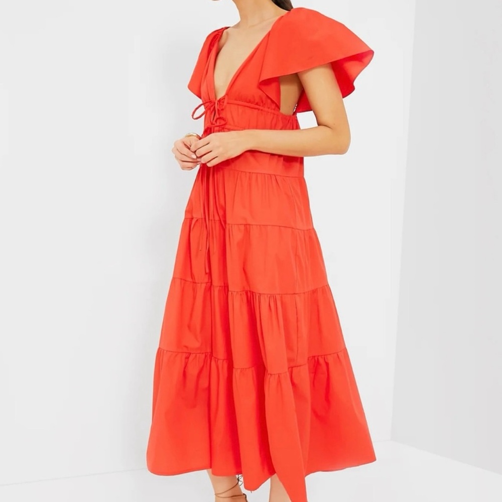 Orange Red Flutter Sleeve Tiered Midi Dress - Picture 5 of 8